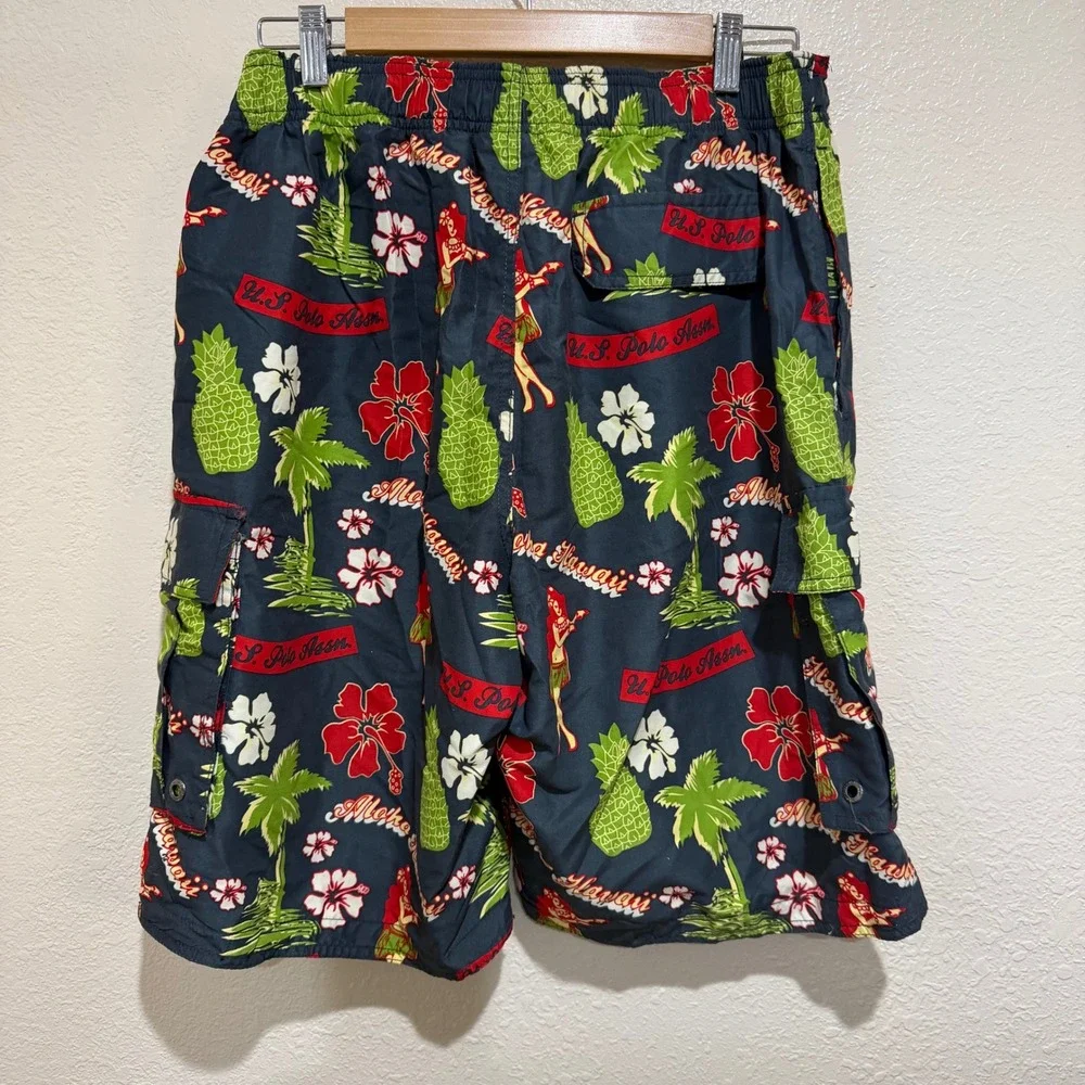 US Polo Assn Mens Aloha Hawaii Swim Trunks Navy Tropical Cargo Shorts 4124 P6